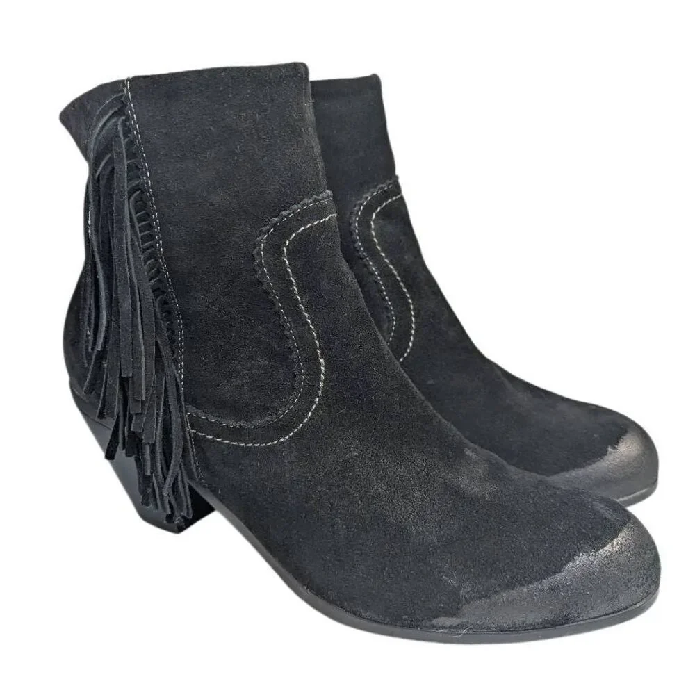 Crown Vintage black suede leather fringe western ankle boots booties 9.5